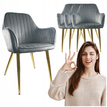4x Krzesło szare welurowe tapicerowane Złote nogi wygodne do kuchni salonu