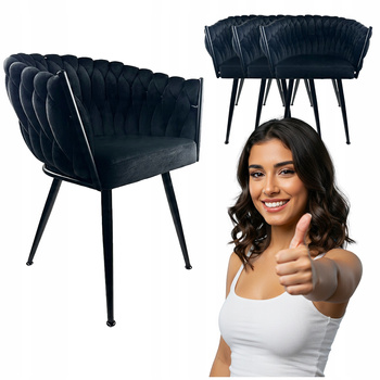 4x Krzesło Czarne welurowe tapicerowane czarne nogi plecione kuchni salonu