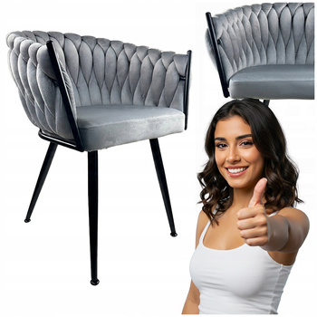 Krzesło Szare welurowe tapicerowane czarne nogi plecione do kuchni salonu