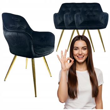 4x Krzesło Czarne welur tapicerowane Złote nogi wygodne do kuchni salonu