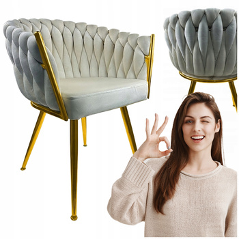 Krzesło Beżowe welurowe tapicerowane plecione Złote nogi do kuchni salonu
