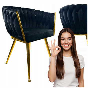 Krzesło Czarne welurowe tapicerowane plecione Złote nogi do kuchni salonu