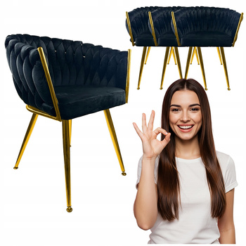 4x Krzesło Czarne welur tapicerowane plecione Złote nogi do kuchni salonu