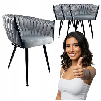 4x Krzesło Szare welurowe tapicerowane czarne nogi plecione do kuchni salon