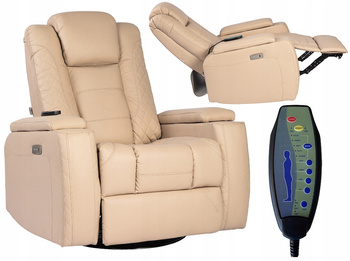 Beżowy Fotel Elektryczny Rozkładany Wypoczynkowy z Masażem i Spaniem AKOP