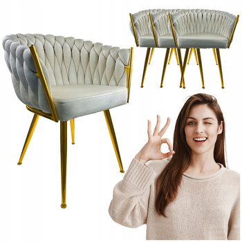 4x Krzesło Beżowe welur tapicerowane plecione Złote nogi do kuchni salonu