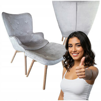 Fotel szary uszak z podnóżkiem tapicerowany do salonu skandynawski glamour