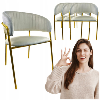 4x Krzesło Beżowe welur tapicerowane Złote nogi wygodne do kuchni salon Sof