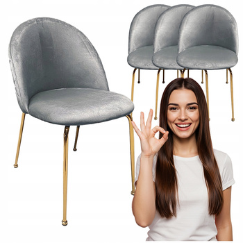 4x Krzesło Szare welur tapicerowane Złote nogi wygodne do kuchni salonu