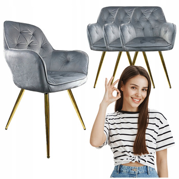 4x Krzesło Szare welur tapicerowane Złote nogi wygodne do kuchni salonu