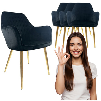 4x Krzesło czarne welurowe tapicerowane Złote nogi wygodne do kuchni salonu