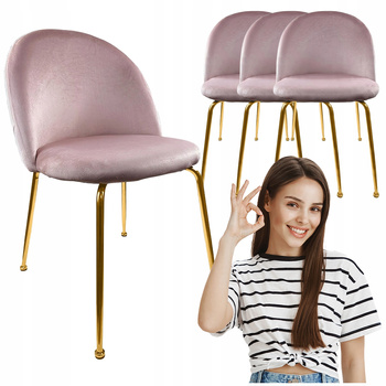 4x Krzesło Różowe welur tapicerowane Złote nogi wygodne do kuchni salonu