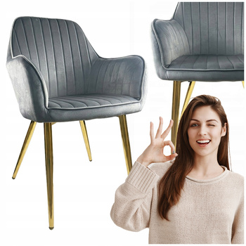 Krzesło szare welurowe tapicerowane Złote nogi wygodne do kuchni salonu