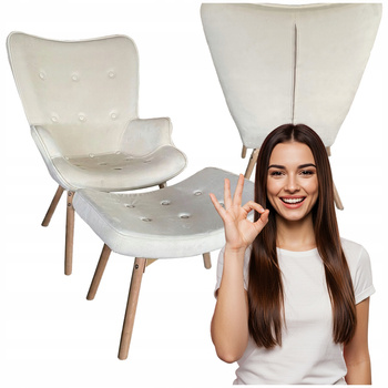 Fotel beżowy uszak z podnóżkiem tapicerowany do salonu skandynawski glamour